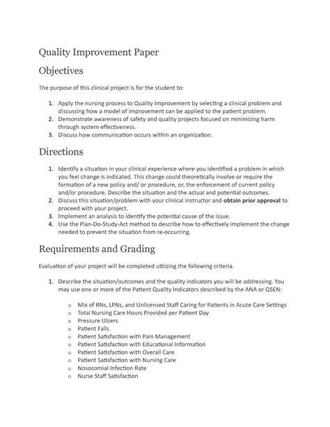 quality improvement paper rubric quality improvement paper objectives