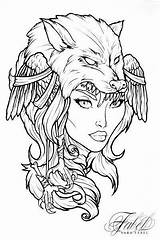 Tattoo Viking Coloring Drawings Tattoos Norse Line Valkyrie Girl Pages Sketches Drawing Sara Fabel Adults Adult Wolf Linework Printable Colouring sketch template
