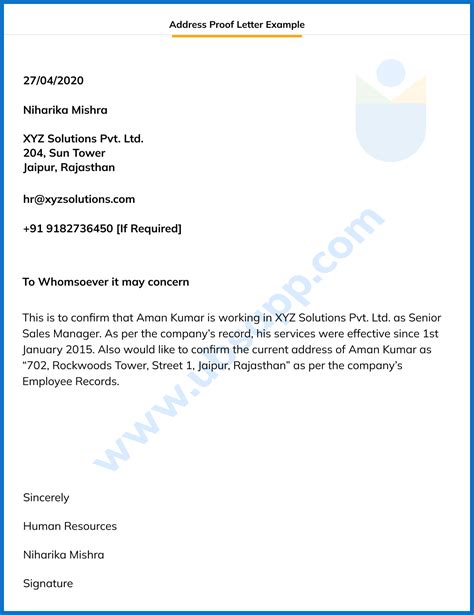 address proof letter format definition  sample examples