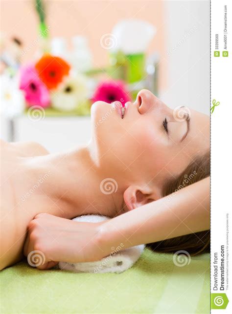 Wellness Woman Getting Shoulder Massage In Spa Stock