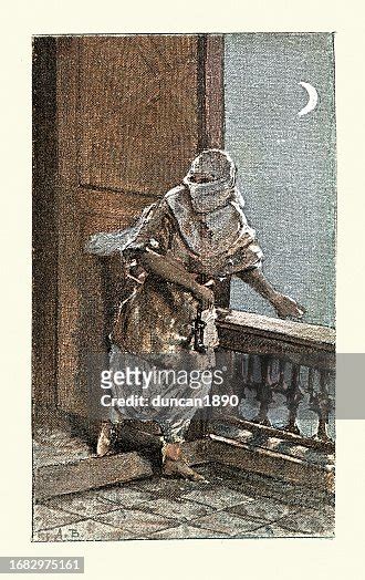 Vintage Illustration Arab North Africa Woman Sneaking Out Of House With