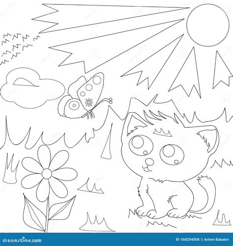 coloring page outline  cartoon cute cat  butterfly vector