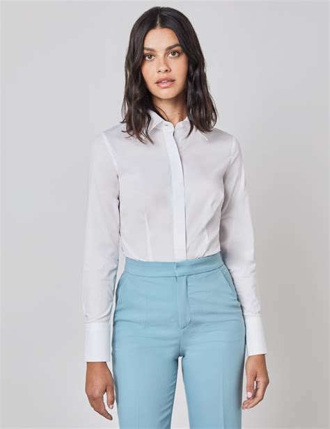 cotton stretch plain women s fitted shirt with concealed