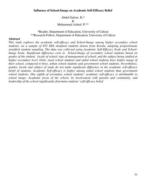 pdf influence of school image on academic self efficacy