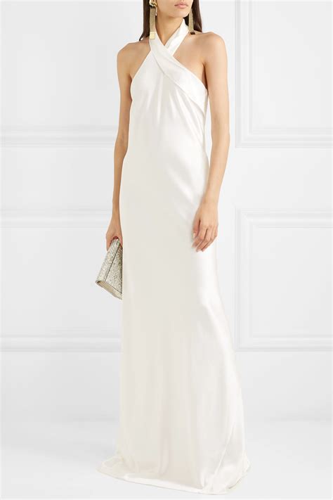 white mayfair halterneck asymmetric hammered satin gown