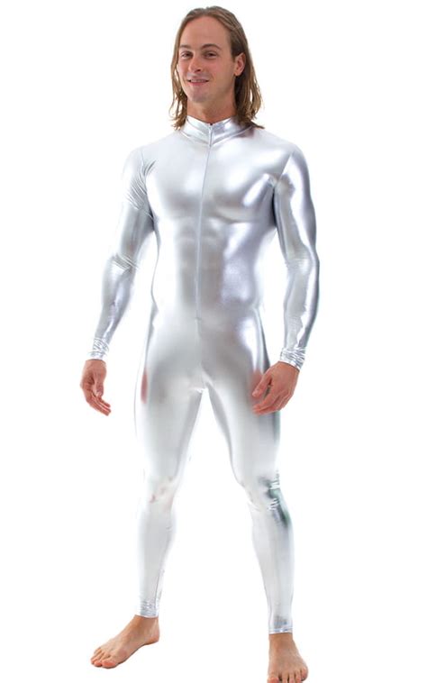 Full Bodysuit Zentai Lycra Spandex Suit For Men In Silver Surfer Chrome