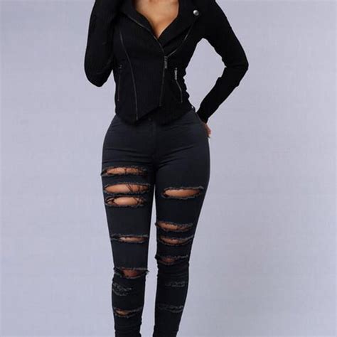hualong skinny high waist womens black ripped jeans
