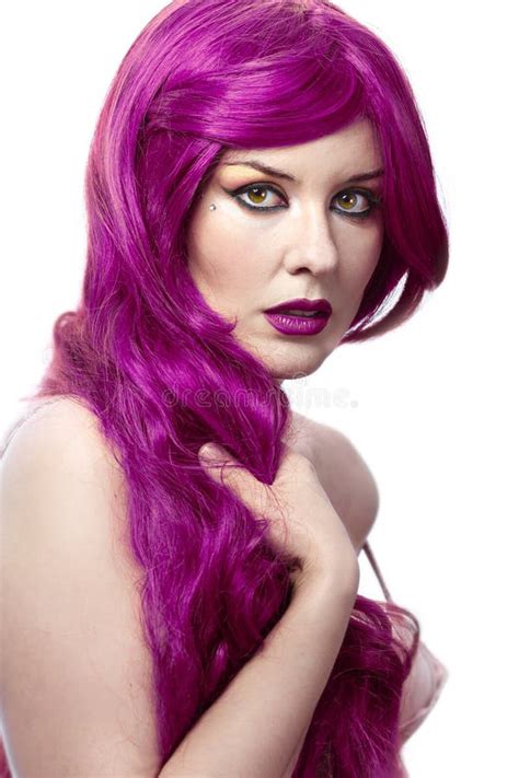 beautiful woman  magnificent purple hair stock photo image
