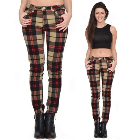 new red beige tartan check plaid skinny slim fitted stretch pants