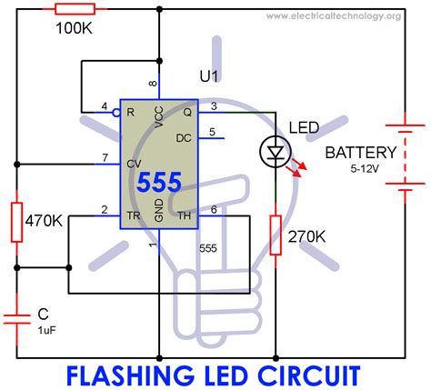 simple led flashing circuit   timer ic