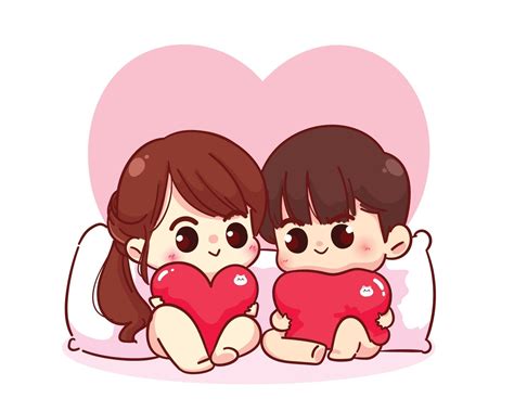 pareja de enamorados sentada  una almohada  sosteniendo corazones