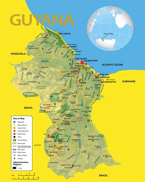 large detailed travel map  guyana guyana south america mapsland
