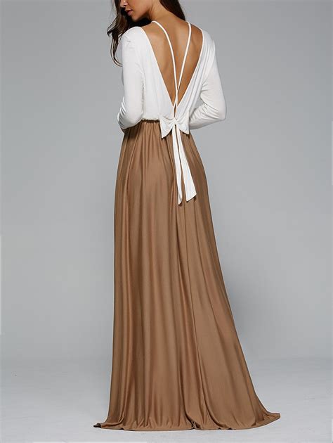 White M Backless Pleated Long Sleeve Maxi Prom Dress