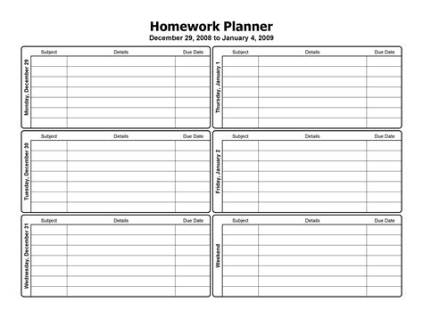 printable homework planners    templatelab