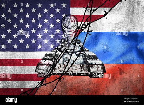 Grunge Flags Of Russian Federation And Usa Divided By Barb Wire And