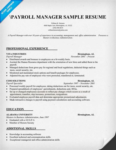 payroll manager resume  payroll manager