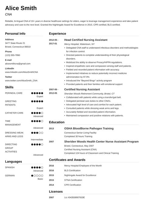 certified nursing assistant cna resume examples skills