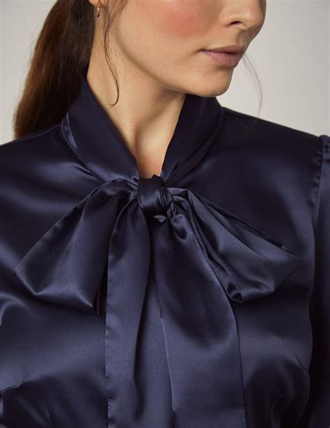 women s navy fitted luxury satin blouse pussy bow