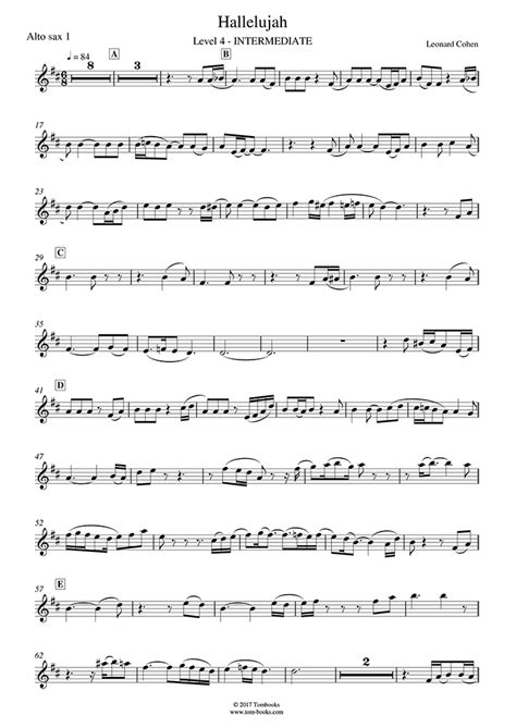 saxophone sheet  hallelujah intermediate level alto sax cohen