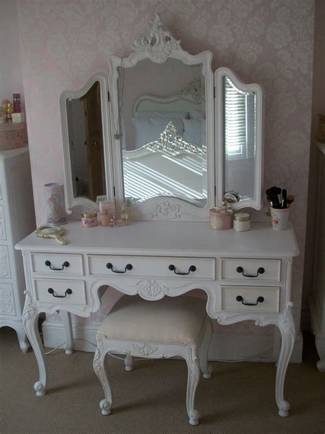amazing white wooden tri fold dresser vanity makeup table with 5 drawer and stool for decorate