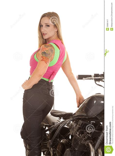 Woman Stand Back To Motorcycle Tattoo Stock Image Image