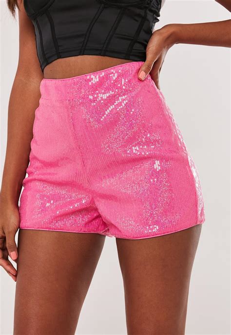 pink co ord sequin tailored shorts missguided