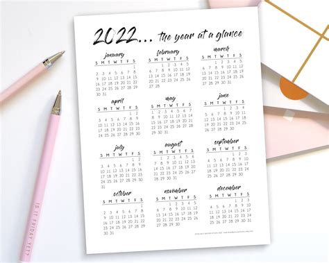 yearly calendar printable year   glance overview etsy