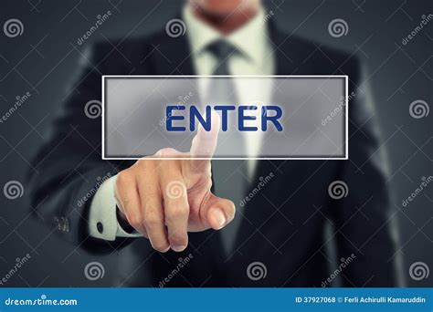 businessman push  enter button  virtual screen stock photo image