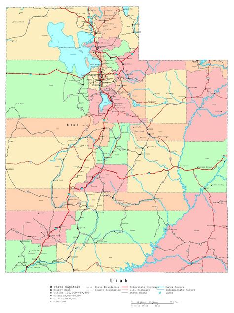 large detailed administrative map  utah state  roads highways