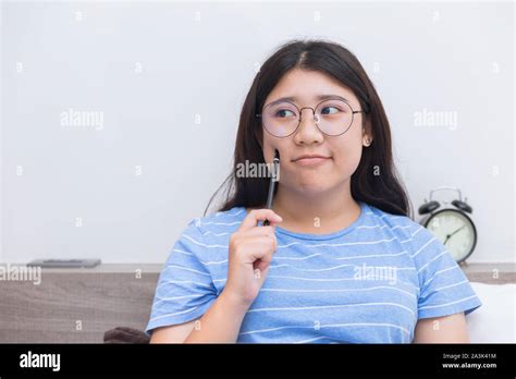Asian Girl Teen Thinking Consider About Work Plus Size Nerd Wearing