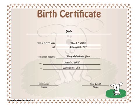 fillable printable puppy birth certificate news word