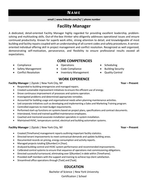 facility manager resume  guide zipjob