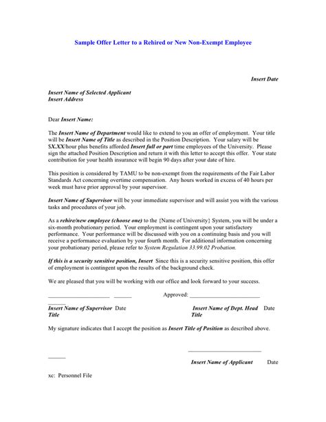 sample offer letter   rehired    exempt employee  word