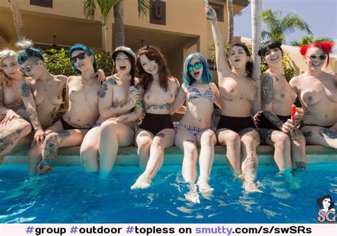 group outdoor topless pool suicidegirl suicidegirls pale ink smiling laughing