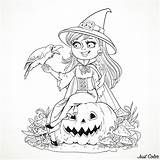 Witch Coloring Halloween Adults Pumpkin Kids Pages Sitting Simple Crow Smiling Adult Raven Talking Beautiful sketch template