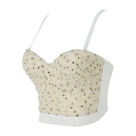 wholesale ladies white pearl rhinestone crop top quality ibustier