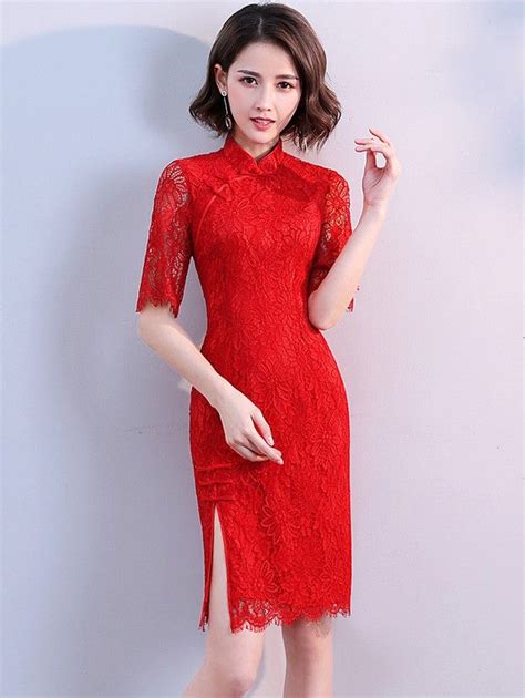 red short lace qipao cheongsam dress with half sleeve dresses