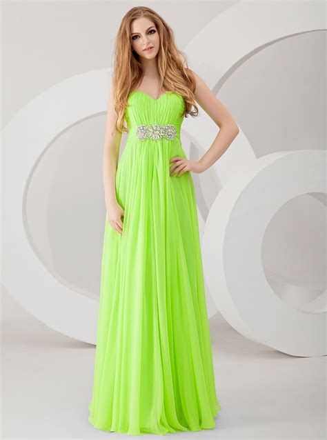 style  sweetheart neckline empire waist beaded detailing  bright colours neon green