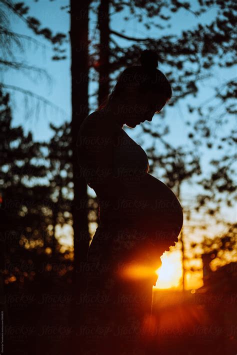 The Silhouette Of A Pregnant Woman In Front Of Trees With The Sun
