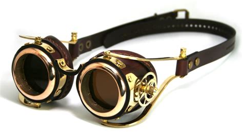 steampunk goggles brown leather polished brass gear flex