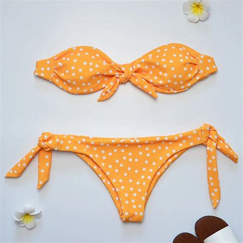 sexy swimsuit strapless padded polka dot bowknot women bikini set