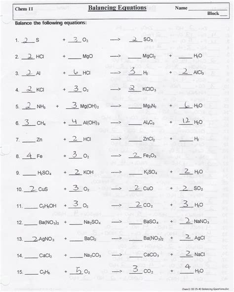 balancing chemical equations worksheet  answers   specialized