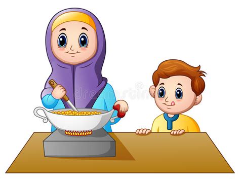 happy muslim mom cooking with her son stock vector