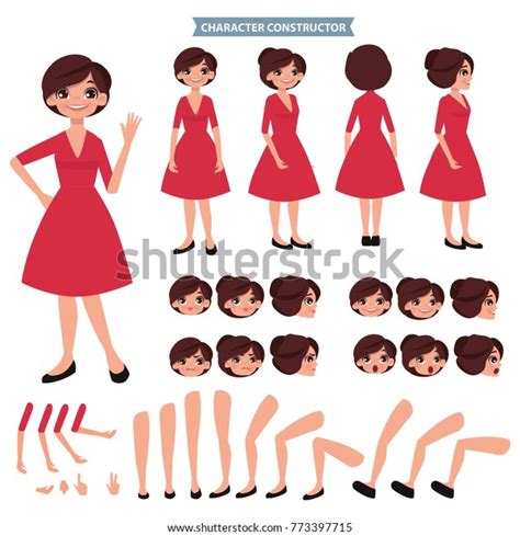 Front Side Back View Animated Character Elegant Woman In Red Dress