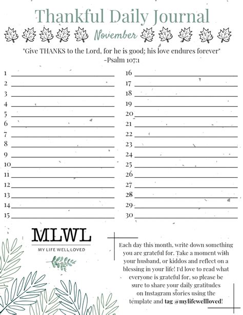 Thankful Daily Journal Printable My Life Well Loved