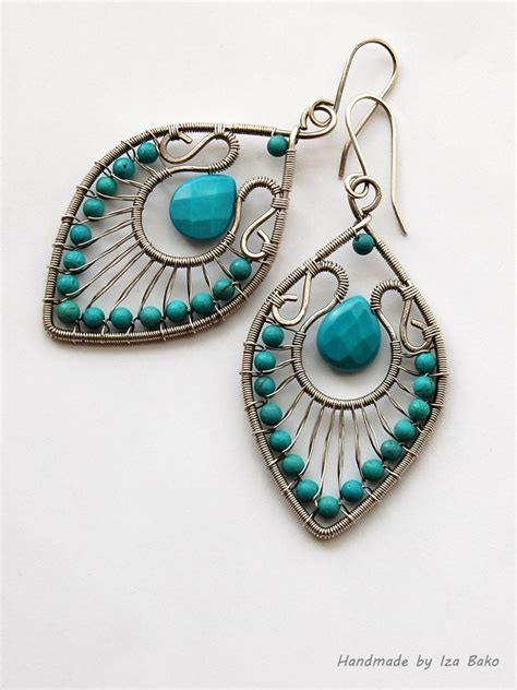 handmade wire wrapped statement earrings  turquoise