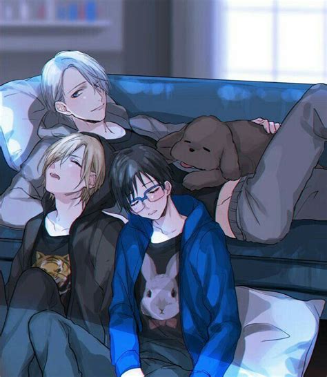 viktor yuuri yurio makkachin sleeping cute couch yuri on ice