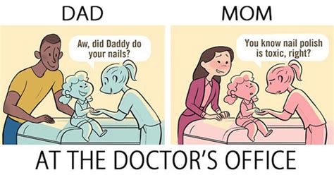 these 5 illustrations show how differently moms and dads are seen in public