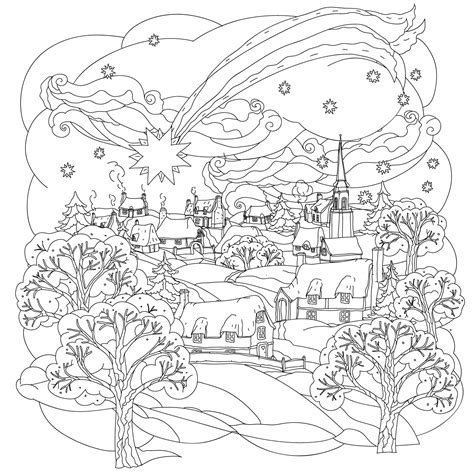 christmas star flies  winter village christmas adult coloring pages