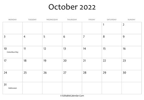 october  printable calendar  holidays